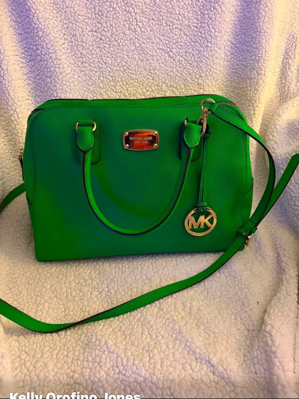 Michael Kors Kelly Green Saffiano Satchel with Gold MK Charm